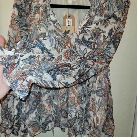 Womens Peasant Balloon Sleeve Top Paisly Print Floral Peplum Blouse Blue Pepper - Picture 9 of 9